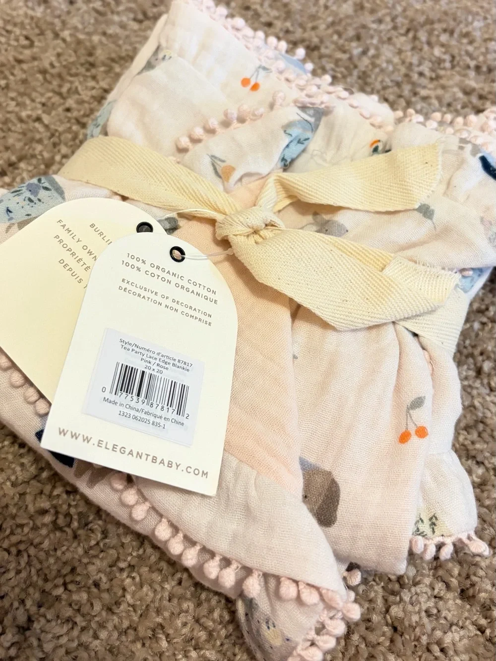 Ruffled Muslin Baby Blanket in Pale Pink Teacup Print